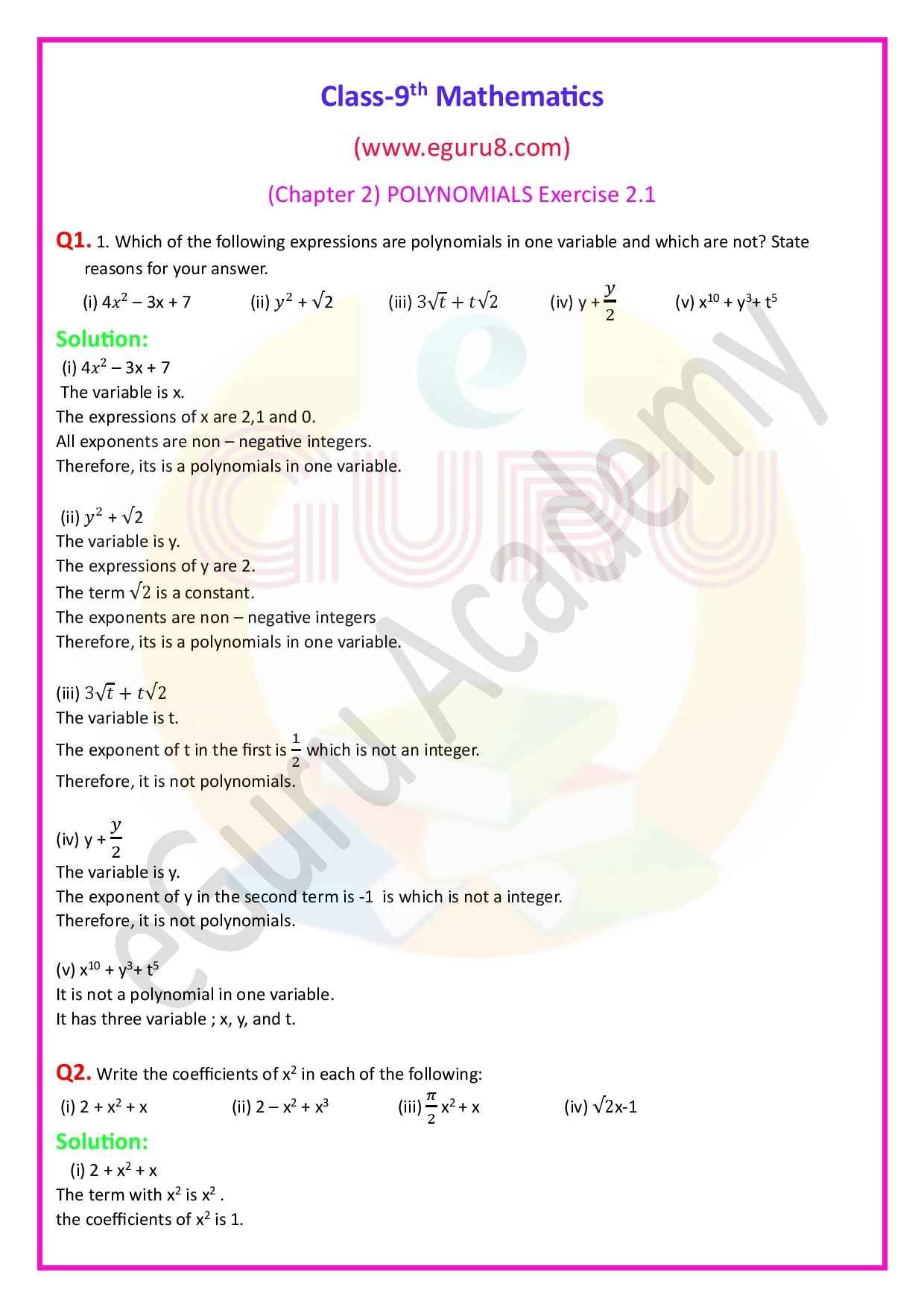 NCERT Solutions Class 9 Maths Chapter 2 Exercise 2.1, Q1 Solution