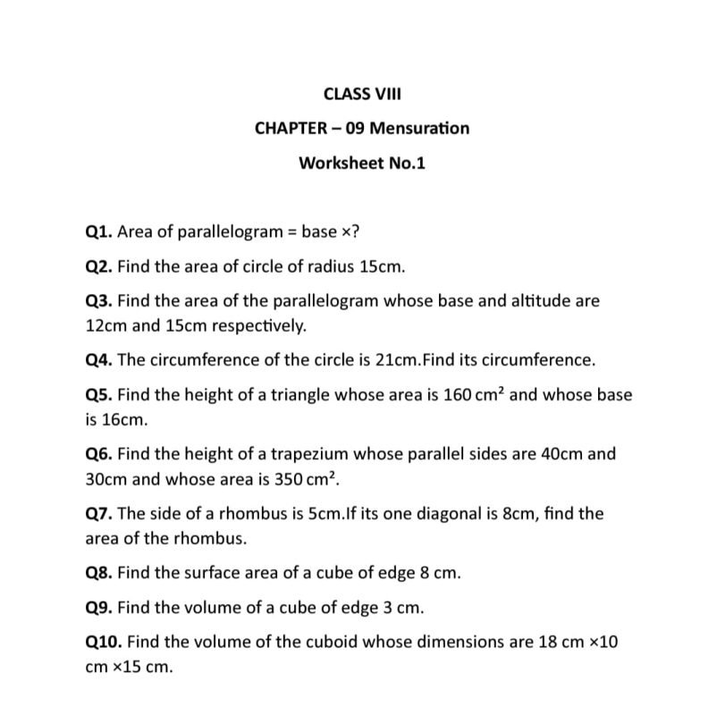 Mensuration Class 8 Extra Questions - e Guru