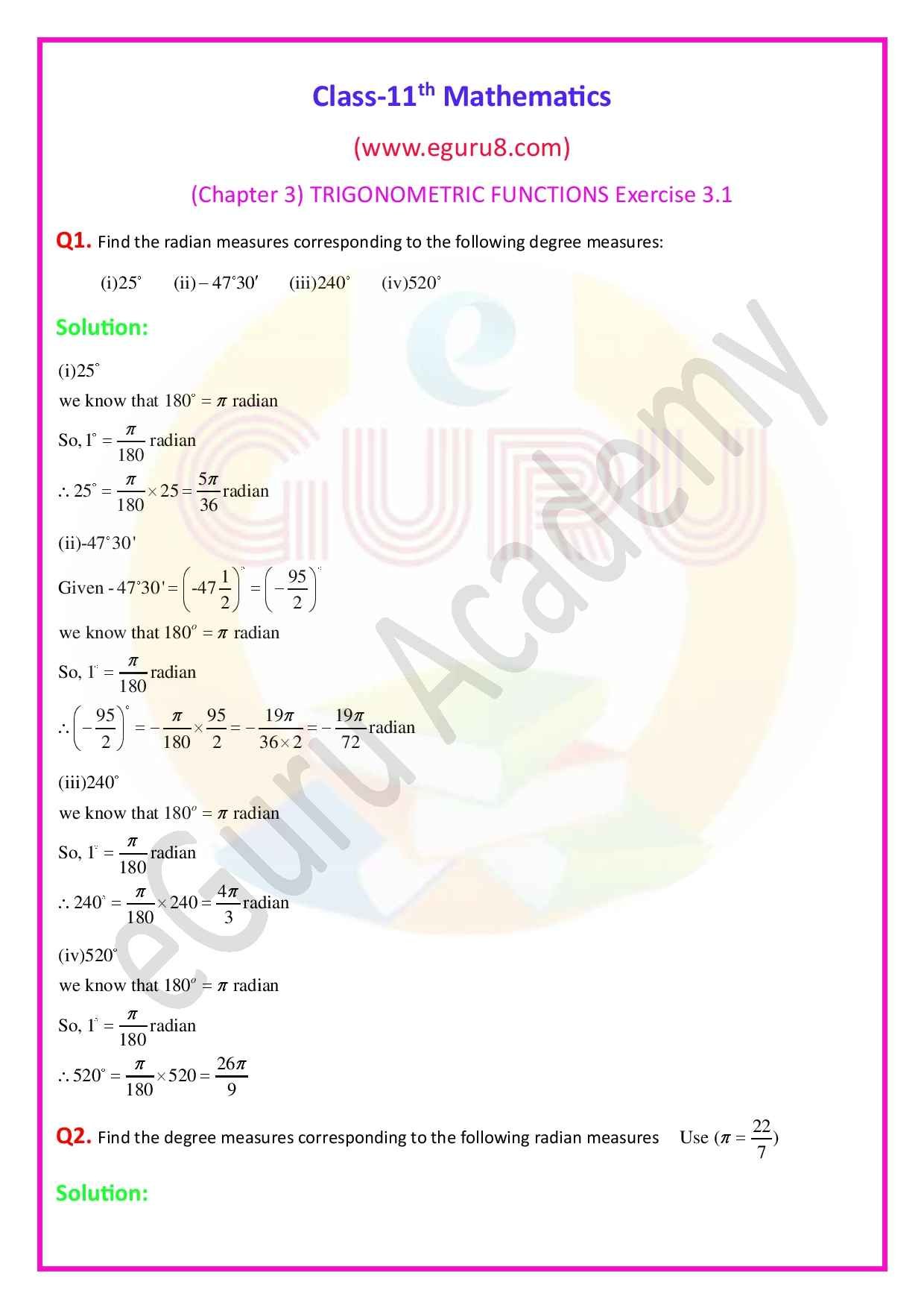 NCERT Solutions Class 11 Maths Chapter 3 Exercise 3.1. Q1 and 2 Solution