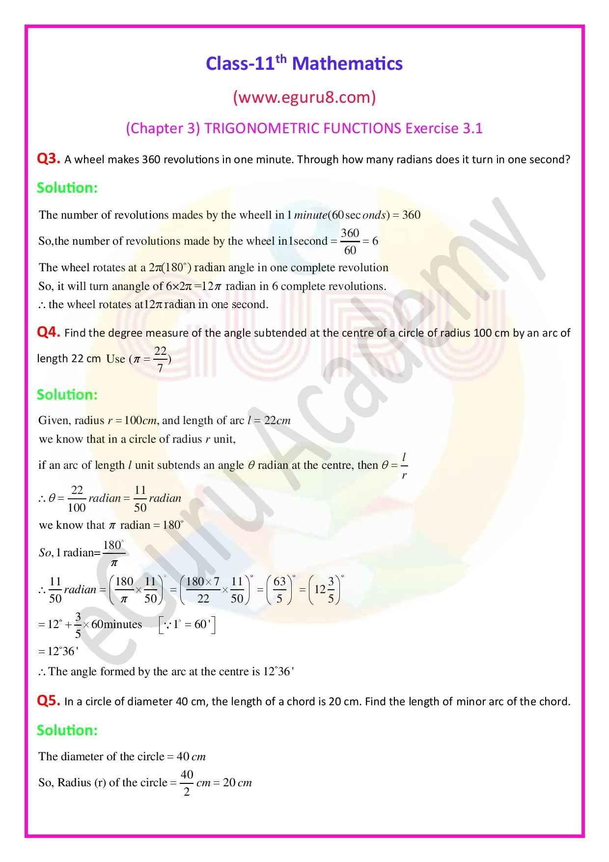 NCERT Solutions Class 11 Maths Chapter 3 Exercise 3.1