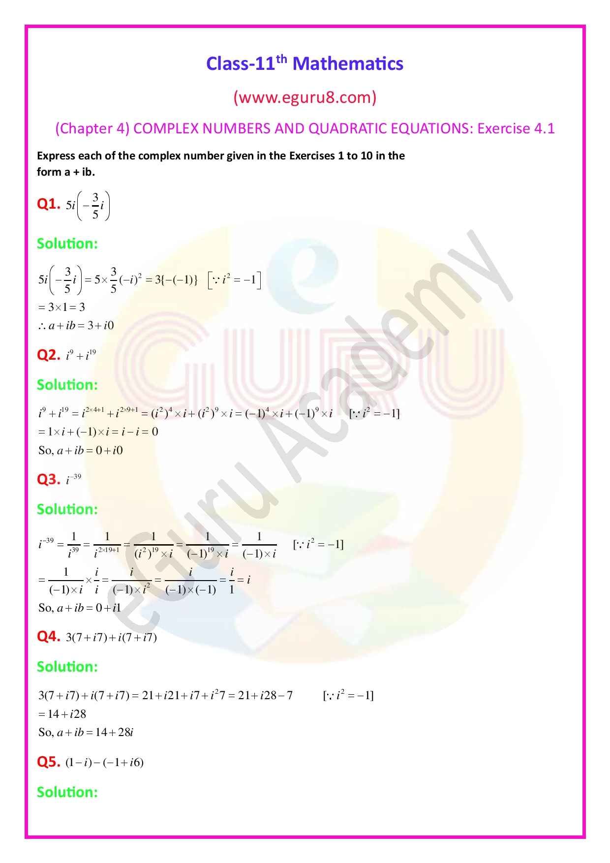 Class-11 Maths, Chapter 4- Exercise 4.1, Q.1-5 Solution