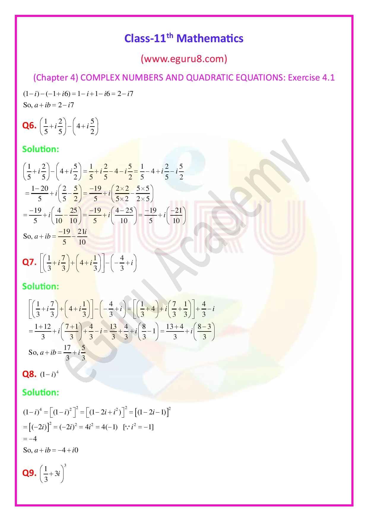 Class-11 Maths, Chapter 4- Exercise 4.1, Q.6-9 Solution