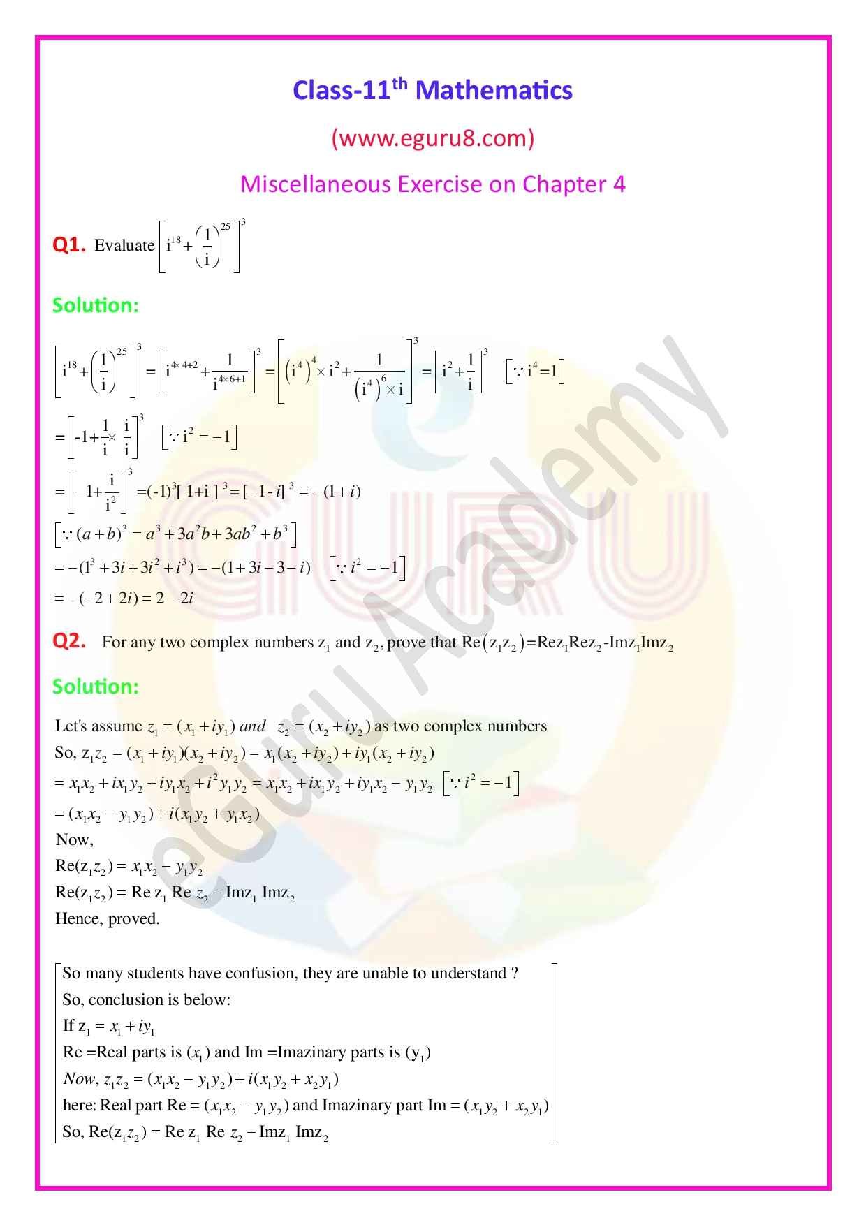 NCERT Solution class-11, chapter-4,Ex-Miscellaneous Exercise on Chapter 4, Q1-2 Solution