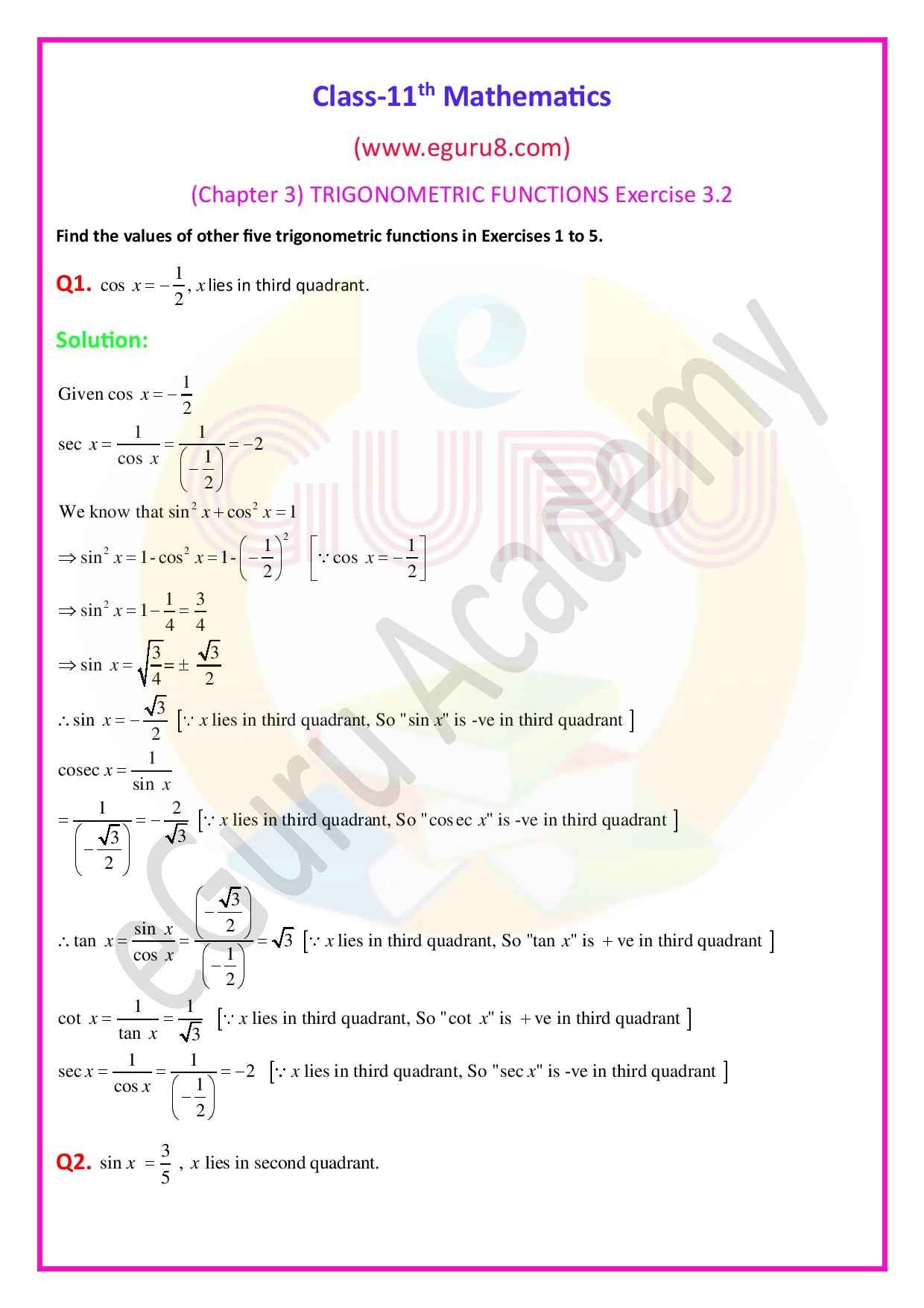 NCERT Solutions Class 11 Maths Chapter 3 Exercise 3.2. Q1 and 2 Solution