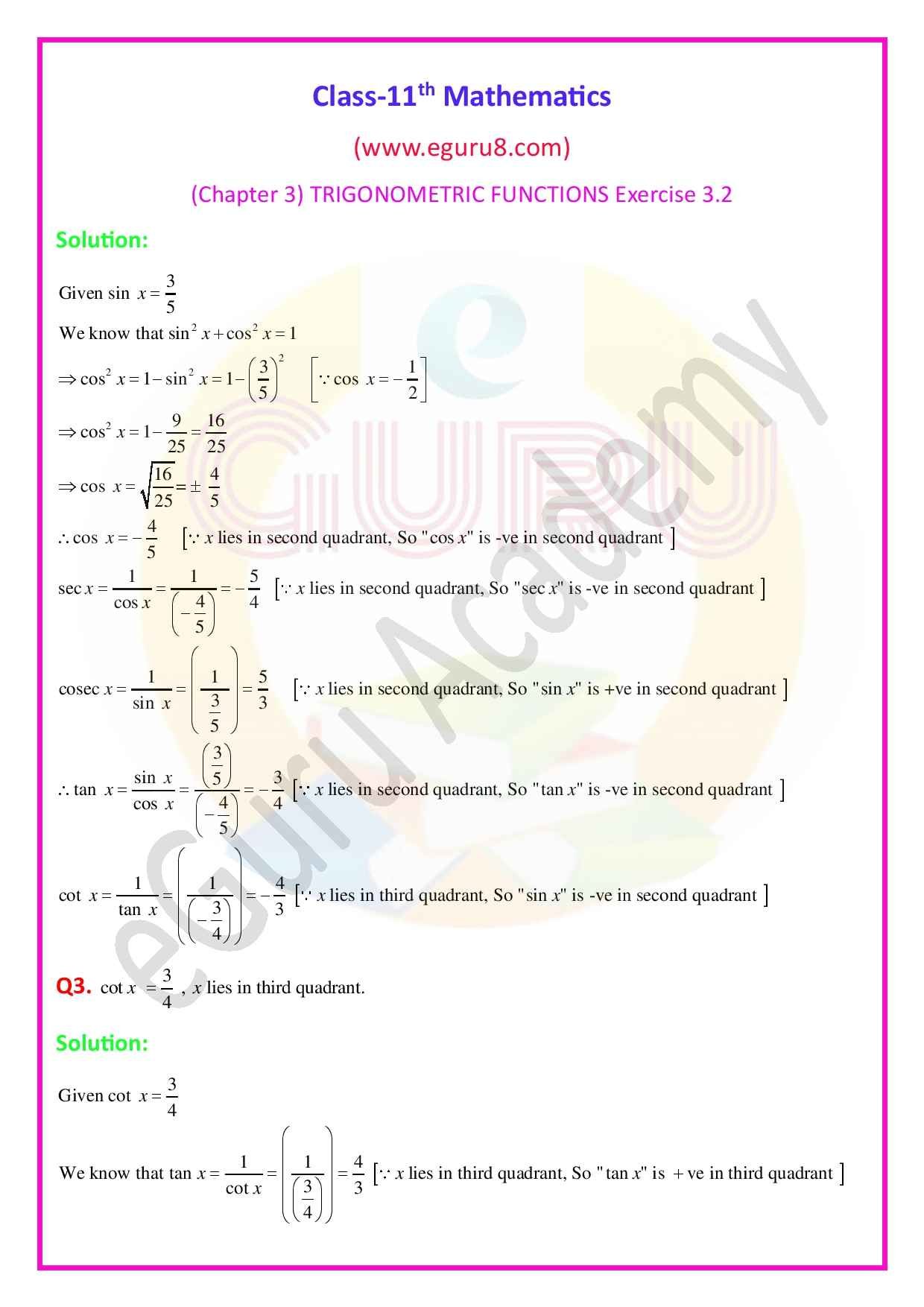 NCERT Solutions Class 11 Maths Chapter 3 Exercise 3.2. Q2 and 3 Solution