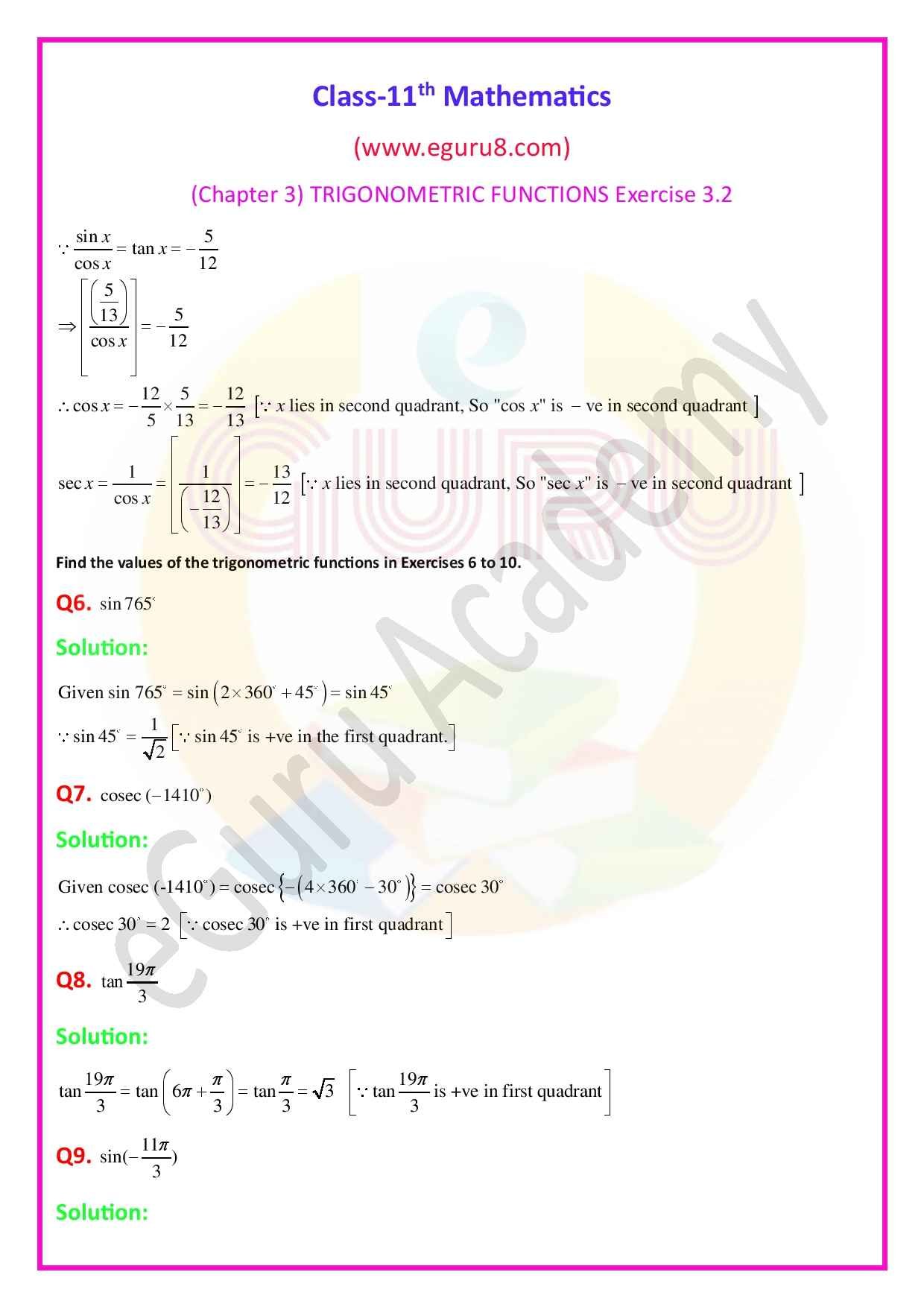 NCERT Solutions Class 11 Maths Chapter 3 Exercise 3.2. Q6,7 and 8 Solution