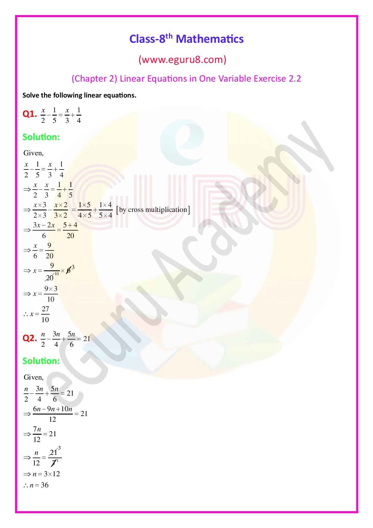 NCERT Solutions Class 8 Maths Chapter 2 Exercise 2.2. Q1 and 2 Solution