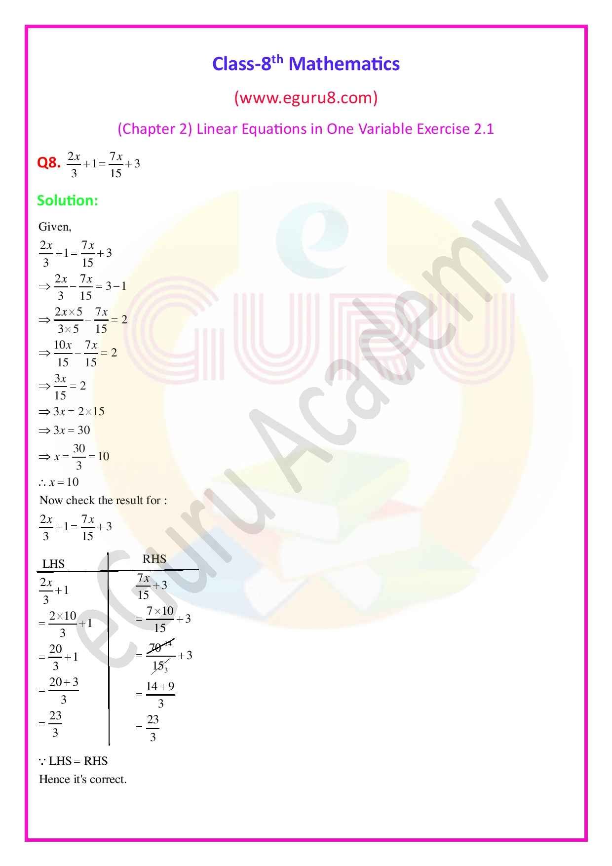 NCERT Solutions Class 8 Maths Chapter 2 Exercise 2.1. Q8 Solution