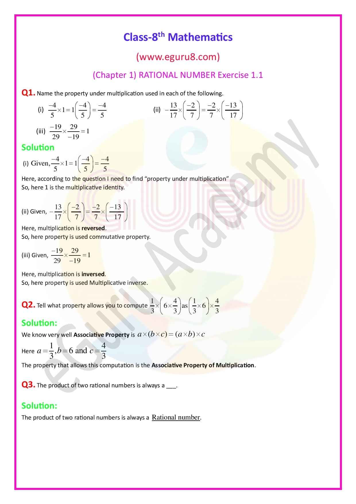 NCERT Solutions Class 8 Maths Chapter 1 Exercise 1.1, Solution