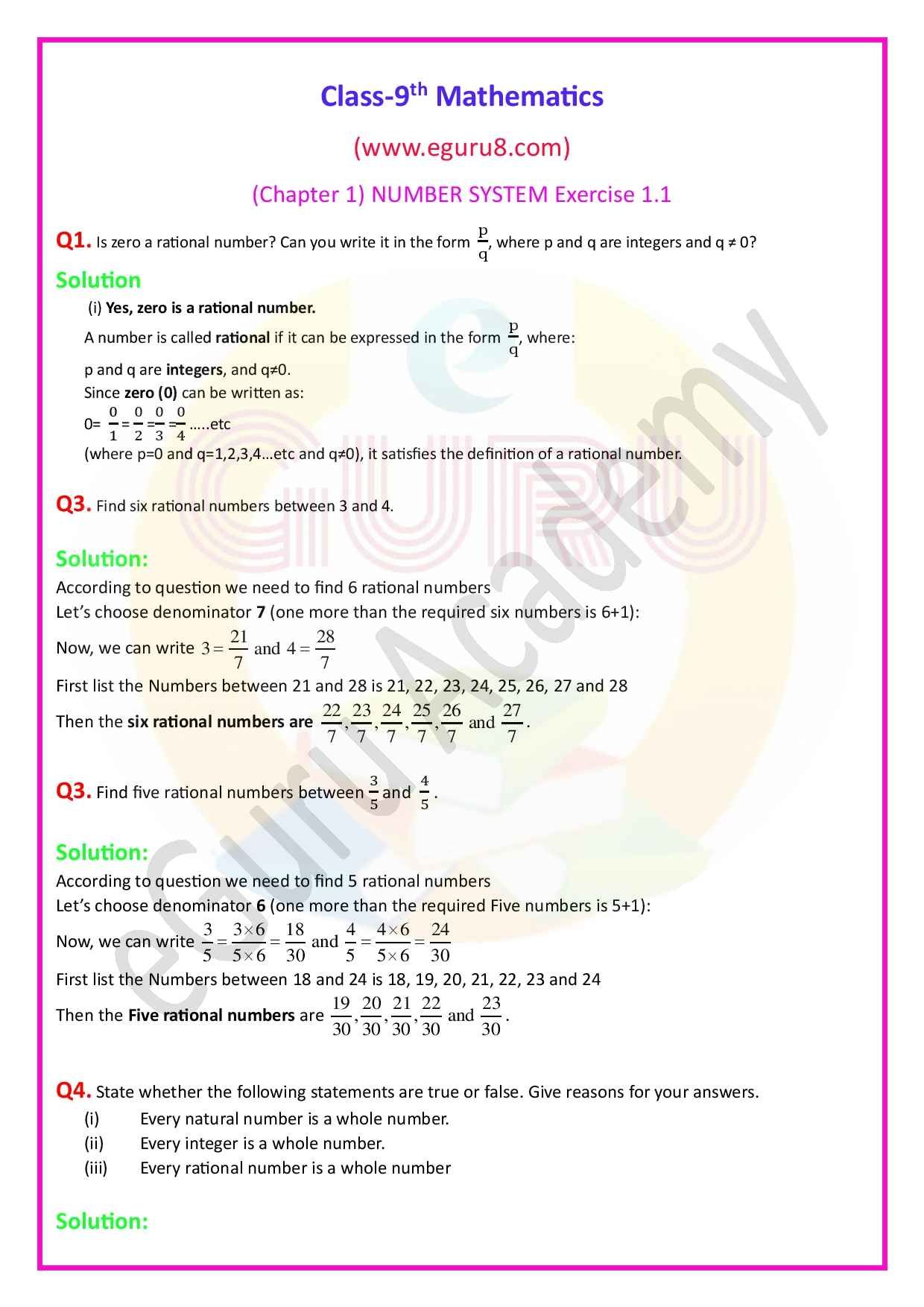 NCERT Solutions Class 9 Maths Chapter 1 Exercise 1.1, Solution